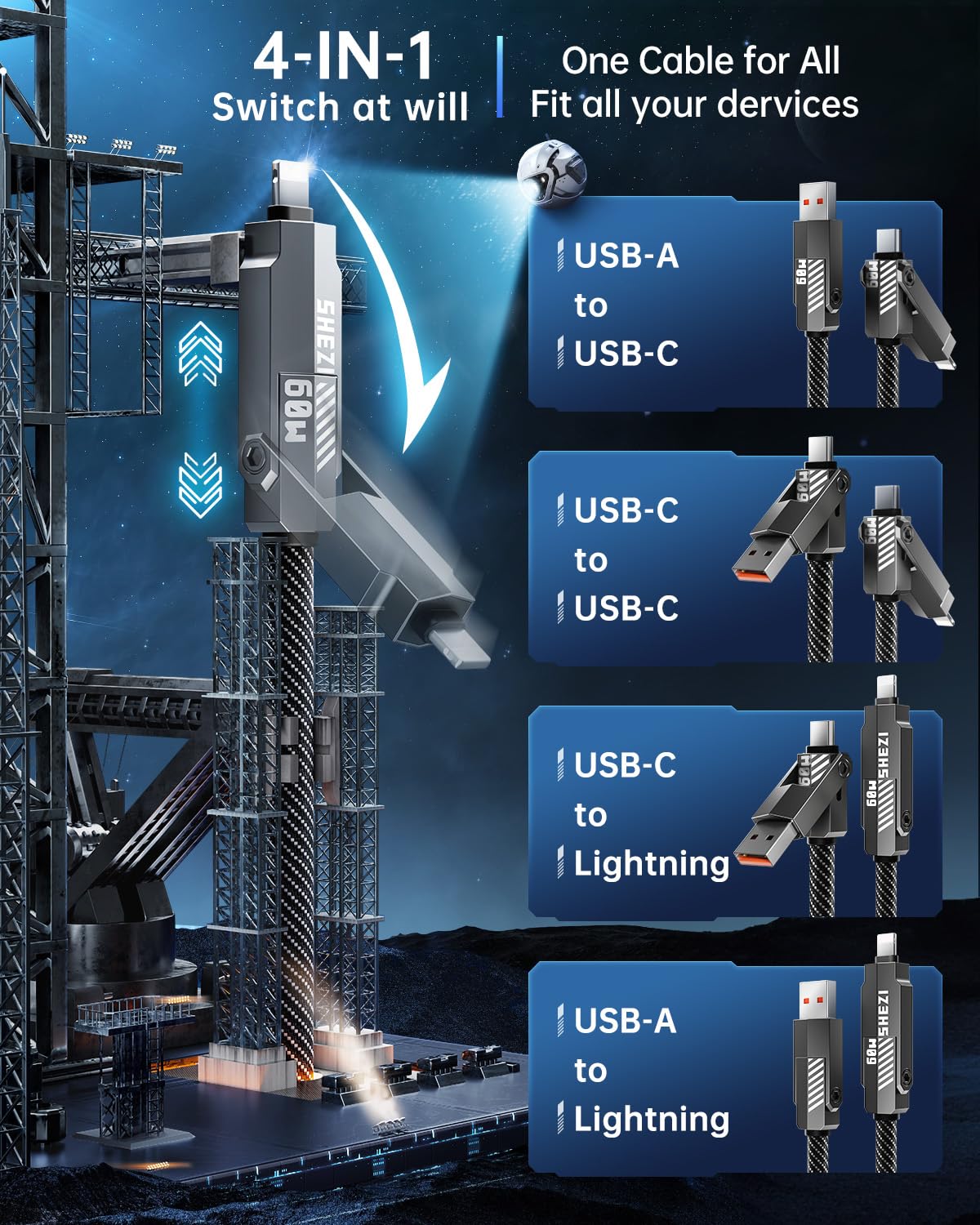 4 in 1 USB C Cable 60W 5FT Compatible